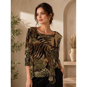 Mishca Animal Print Asymmetrical Ruffle Blouse Brown Green 3/4 Sleeve Large